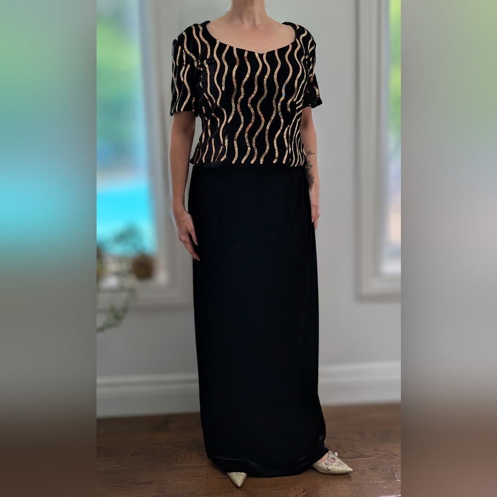 Vintage Velvet Black and Gold Sequin Skirt Set Floor Length Dress Size 14 (12?)